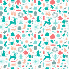 Merry Christmas Background. Holiday Vector Seamless Pattern. Christmas characters and decorations Silhouettes. Xmas ornament. Winter Holidays. New year Wallpaper