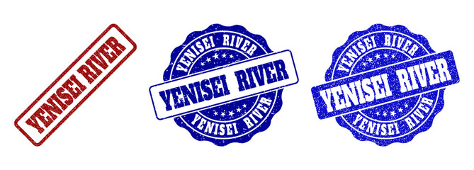 YENISEI RIVER grunge stamp seals in red and blue colors. Vector YENISEI RIVER signs with grunge style. Graphic elements are rounded rectangles, rosettes, circles and text captions.