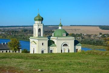 Religious building, Orthodox Christian cathedral with green domes. Church of St. Alexander Nevsky...