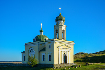 Religious building, Orthodox Christian cathedral with green domes. Church of St. Alexander Nevsky...