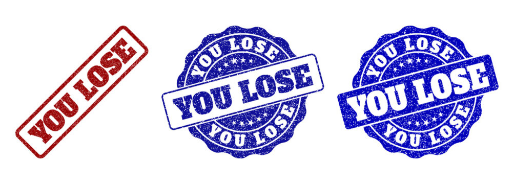 YOU LOSE grunge stamp seals in red and blue colors. Vector YOU LOSE marks with grunge style. Graphic elements are rounded rectangles, rosettes, circles and text tags.