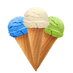 kiwi fruit, pistachio, mint, green tea, vanilla ice cream scoops on cone isolated on white background