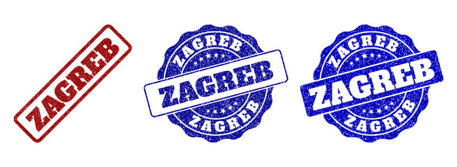 ZAGREB grunge stamp seals in red and blue colors. Vector ZAGREB watermarks with dirty effect. Graphic elements are rounded rectangles, rosettes, circles and text captions.