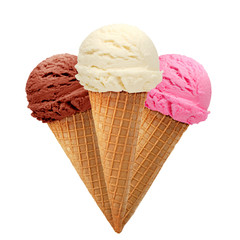 Strawberry, vanilla and chocolate Ice cream scoops in cone isolated on white background