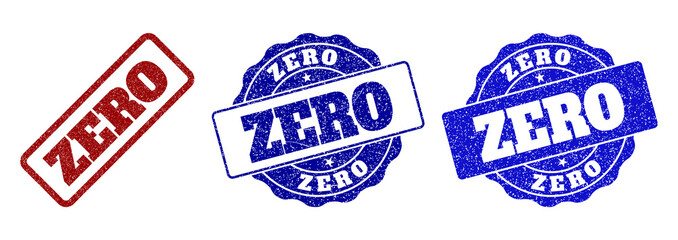 ZERO grunge stamp seals in red and blue colors. Vector ZERO labels with scratced effect. Graphic elements are rounded rectangles, rosettes, circles and text labels.