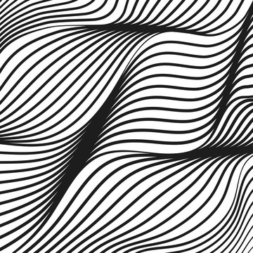 Diagonal black and white waves. Vector squiggle dynamic lines. Abstract op art pattern. Deformed background, simple waveforms. Modern conceptual illusion. Technology waving design. EPS10 illustration