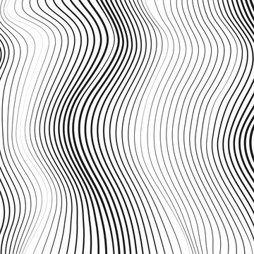 Black and white line art design. Abstract simple op art pattern. Vector vertical waving, squiggle, warped lines. Technology background, deformed surface. Modern conceptual illusion. EPS10 illustration