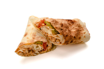 Doner Kebab Gyros Shawarma with meat, salad, onion, tomato.