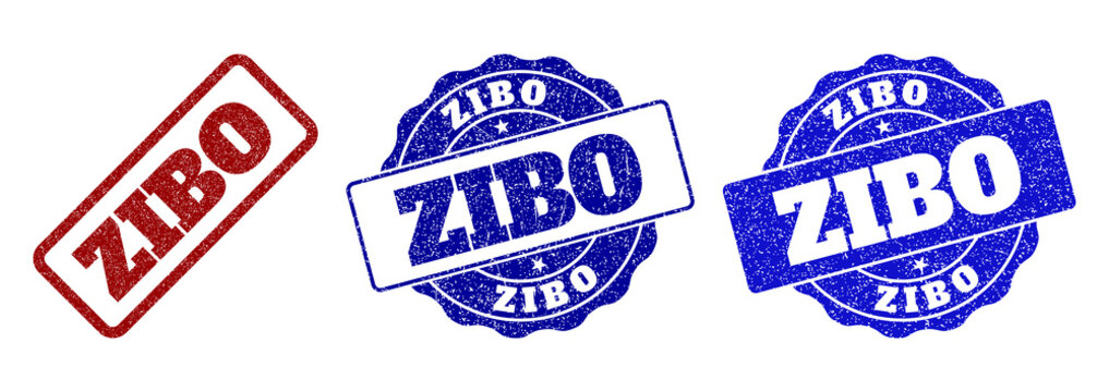 ZIBO grunge stamp seals in red and blue colors. Vector ZIBO overlays with grunge surface. Graphic elements are rounded rectangles, rosettes, circles and text captions.
