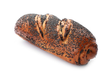 Freshly baked poppy seed roll isolated on white
