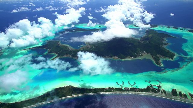 Aerial view of luxury vacation resorts Bora Bora Island South Pacific Ocean 