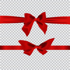 Realistic red bow and ribbon isolated on transparent background. Template for brochure or greeting card