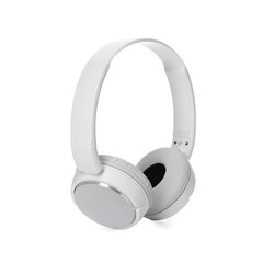 Stylish modern headphones with earmuffs on white background