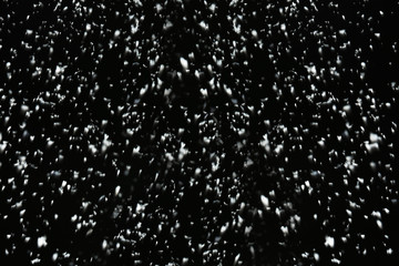 Naklejka na ściany i meble Snow flakes falling on black background. Winter weather