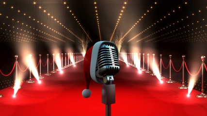 Microphone with flashing lights and red carpet and Santa hat - Powered by Adobe