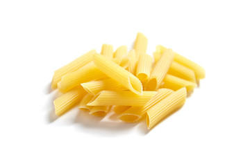 Uncooked penne rigate italian pasta, isolated on white background