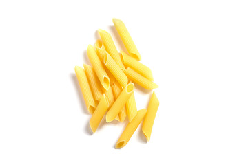 Uncooked penne rigate italian pasta, isolated on white background