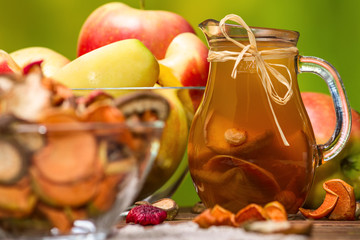 Rural still-life - compote with dried fruits from apples and pears close-up, selective focus