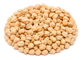 Handful of chickpea seeds (Cicer arietinum) without shell, close up, isolated on white background