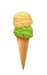 mango, kiwi fruit, mint or green tea Ice cream scoops in cone isolated on white background