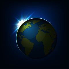 Fototapeta na wymiar Sunrise over the Earth globe with green continents and blue ocean view from space. V