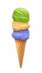 blueberry, mango, kiwi fruit, mint or green tea Ice cream scoops in cone isolated on white background