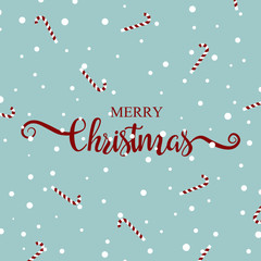 Fototapeta na wymiar Merry Christmas greeting card template. Christmas handwritten lettering isolated on blue background. Calligraphy font style banner. Xmas text in red color. Candy background. Vector.