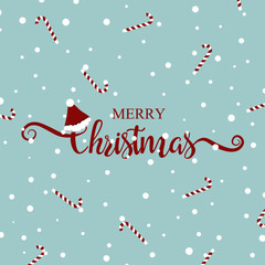 Merry Christmas greeting card template. Christmas handwritten lettering isolated on blue background. Calligraphy font style banner. Xmas text decorated with Santa Claus hat. Candy background. Vector.