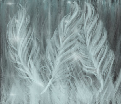 Colorful hand drawn blue feathers on dark abstract background as frosted window with watercolor and chalk texture, frozen decor illustration painted by chalk and pencil on canvas, high quality