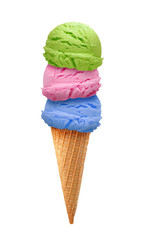 strawberry, kiwi fruit, mint or green tea Ice cream scoops in cone isolated on white background