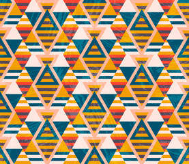 Abstract geometric seamless pattern with different shapes and grunge texture. Triangles, rhombuses, lines. Vector illustration.  