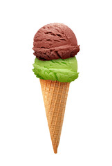 mint, kiwi fruit, pistachio, green tea, and chocolate Ice cream scoops in cone isolated on white background
