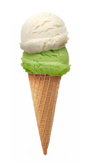 Vanilla, mint and kiwi fruit Ice cream scoops in cone isolated on white background