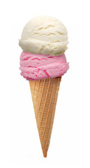 Vanilla and strawberry Ice cream scoops in cone isolated on white background