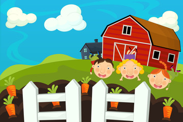 Obraz na płótnie Canvas Cartoon farm scene - traditional village - for different usage - illustration for children