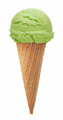 Pistachio, green tea, mint or kiwi fruit ice cream scoop isolated on white background with cone 