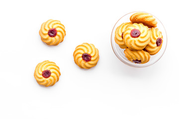 Homemade cookies. Kurabe in glass bowl on white background top view