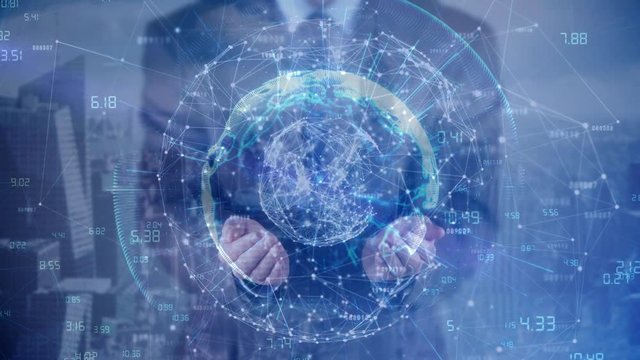 Science Composition Hologram of earth combined with illustrated earth colored in blue