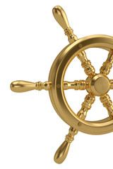 Golden ship steering wheel isolated on white background 3D illustration.