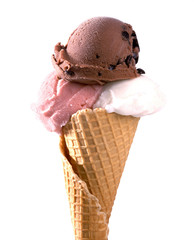 Strawberry, vanilla and chocolate Ice cream scoops in cone isolated on white background