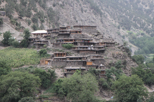 Wooden dwellings in Rumbur valley, one of the three valleys inhabited with Kalasha people located in Chitral District, Khyber Pakhtunkhwa, Pakistan