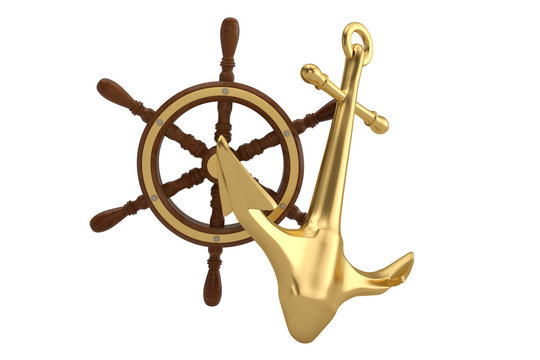 recommend clip art: Ship helm and golden anchor isolated on white background 3D illustration.