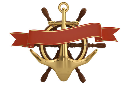 recommend clip art: Ship helm and golden anchor isolated on white background 3D illustration.