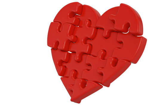 Puzzle heart isolated on white background 3D illustration.