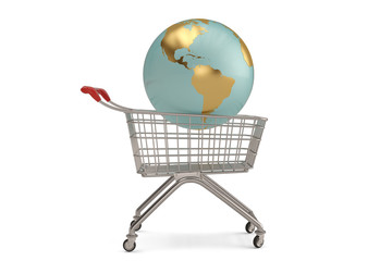 Globe with shopping cart isolated on white background. 3D illustration.