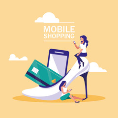 mini people with smartphone and shopping online