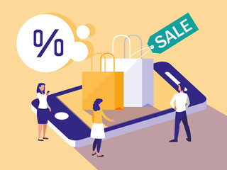 mini people with smartphone and shopping online