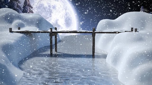 Winter scenery with full moon and falling snow