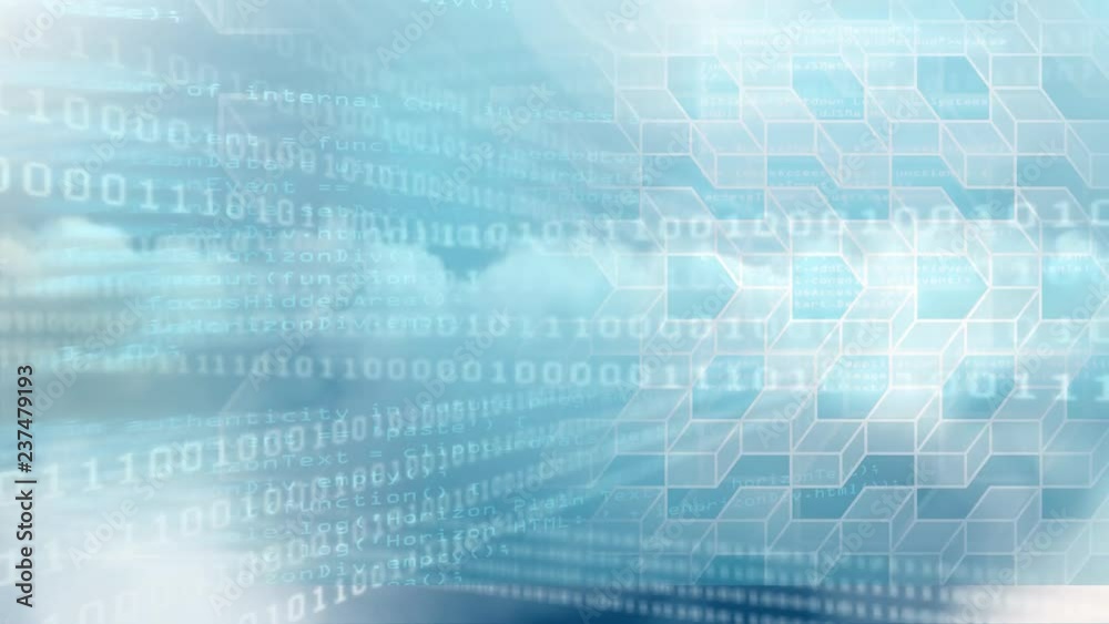 Poster digital animation of binary technology code and geometric cubes 4k