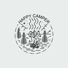 Night camp with fire and barbecue. Nature exploration vector vintage poster